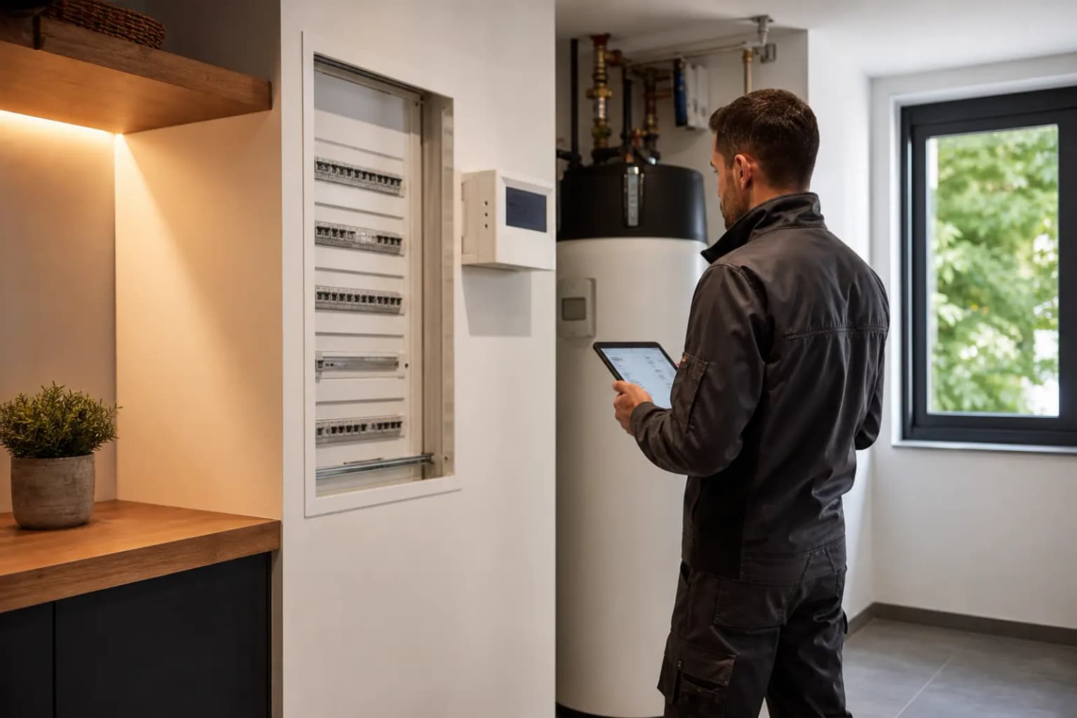 Property maintenance technician inspecting building systems